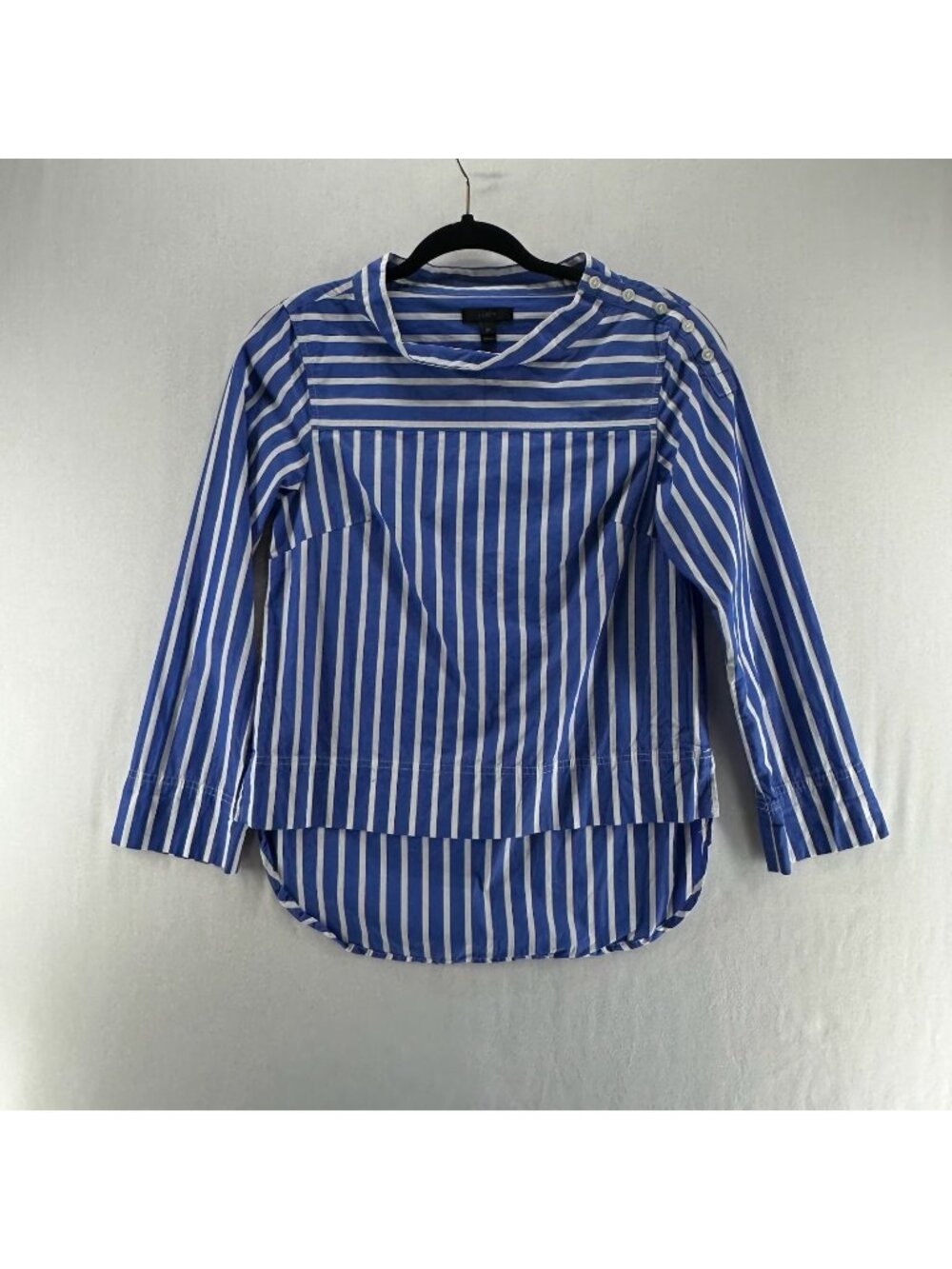 J Crew Funnelneck Button Shoulder Top Women 0P Cotton Poplin High Low Blue White